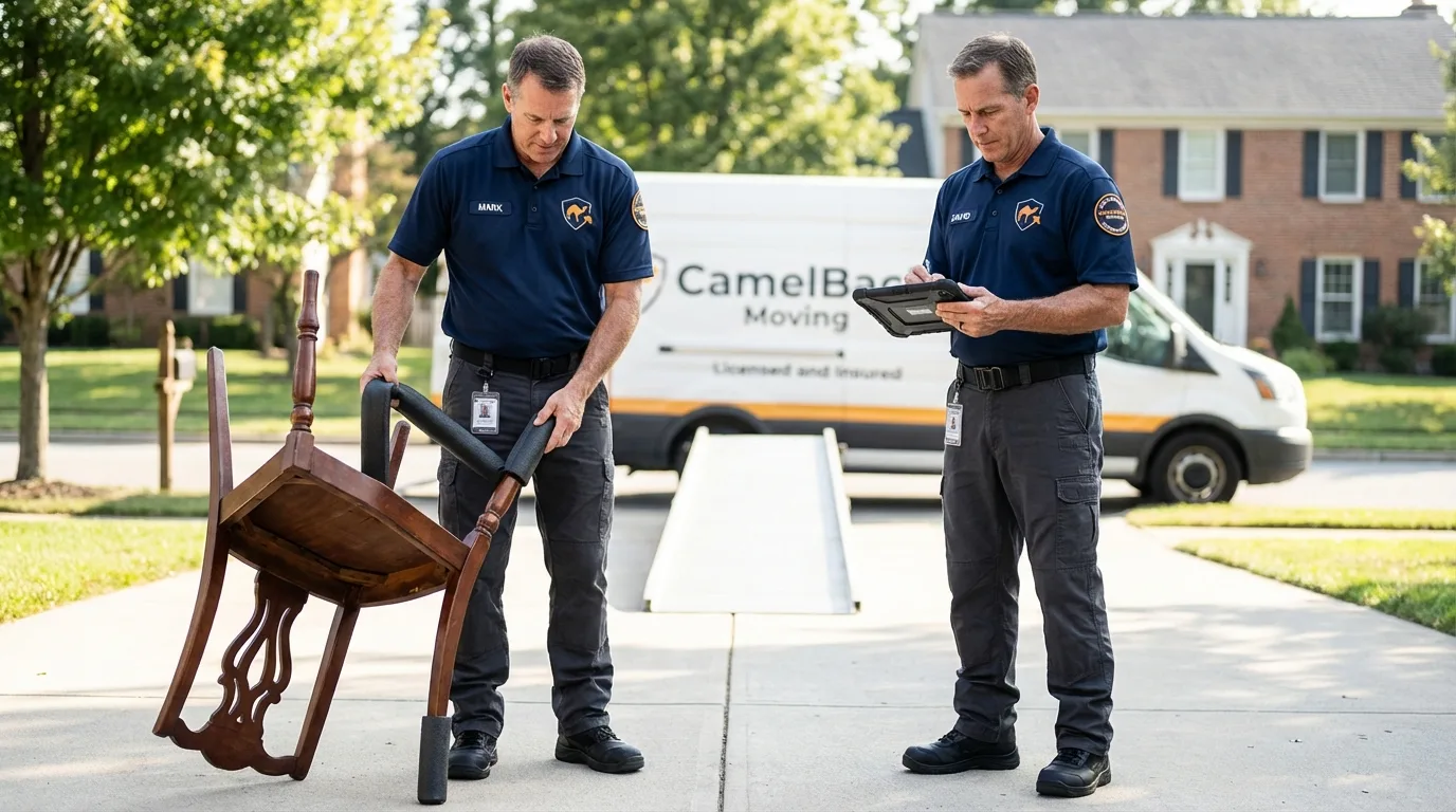 Movers inspecting furniture for damage prevention before loading in Wenatchee, WA