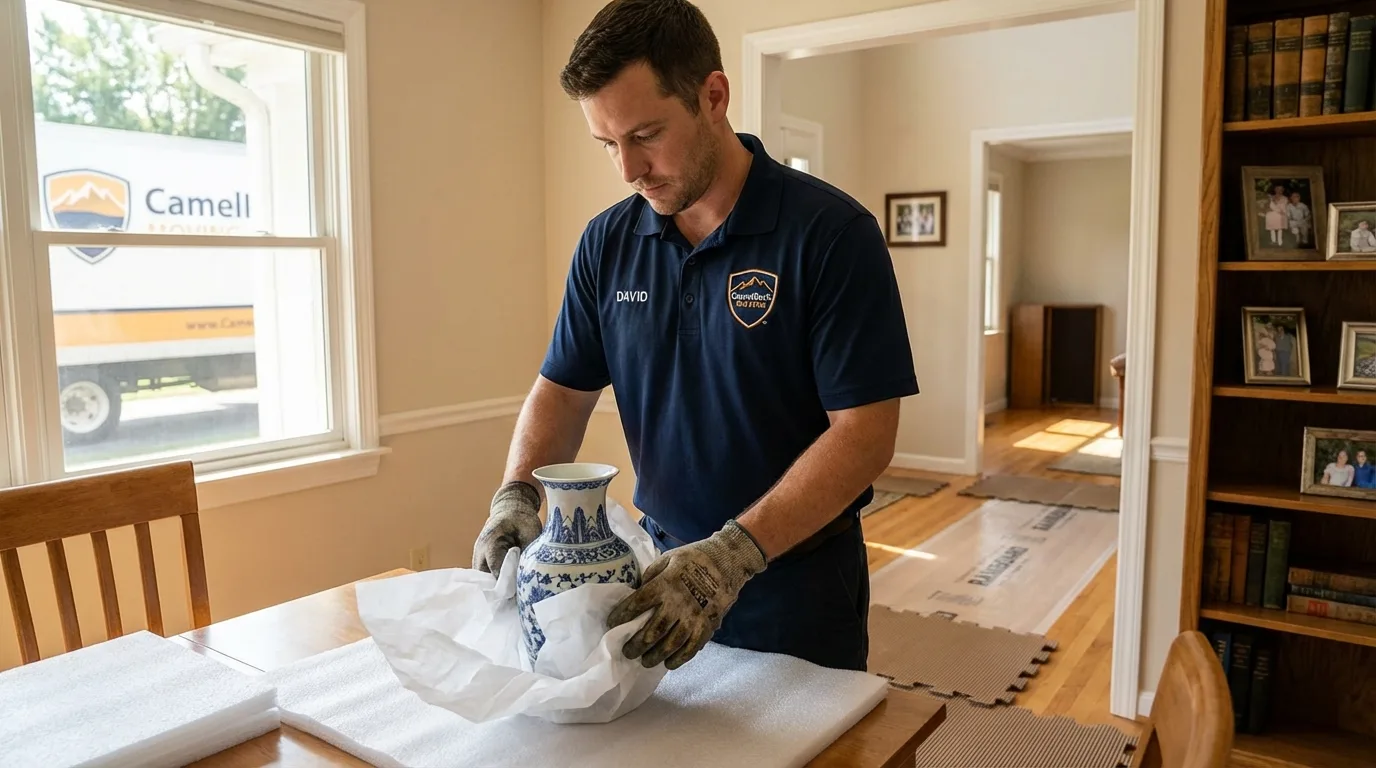 Professional crew carefully wrapping antique vase for senior downsizing move in Wenatchee, WA